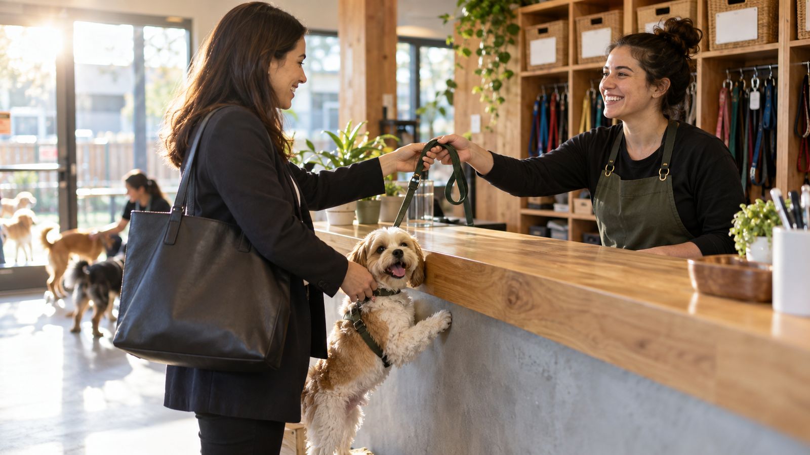 A morning check-in: an owner hands a small dog to a smiling staff member at the counter
