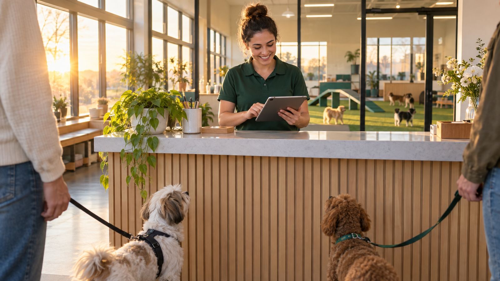 A daycare front desk at sunrise, a staff member reading a tablet while two small dogs wait on leashes